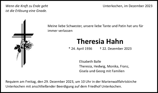 Traueranzeige von Theresia Hahn von Schwäbische Post