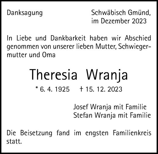 Traueranzeige von Theresia Wranja von Gmünder Tagespost