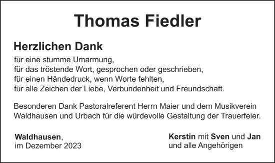 Traueranzeige von Thomas Fiedler von Gmünder Tagespost