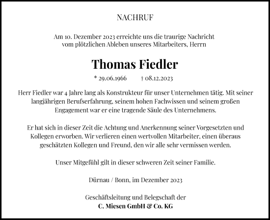 Traueranzeige von Thomas Fiedler von Gmünder Tagespost