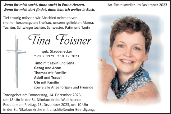Traueranzeige von Tina Foisner von Schwäbische Post