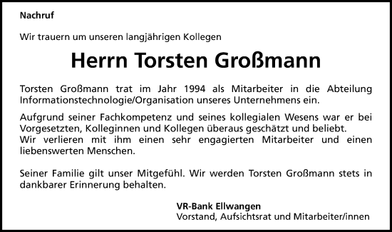 Traueranzeige von Torsten Großmann von Schwäbische Post