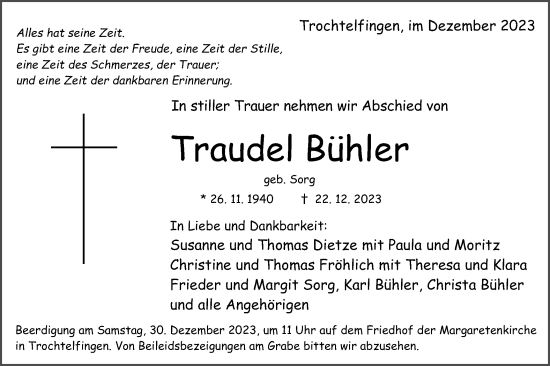 Traueranzeige von Traudel Bühler von Schwäbische Post