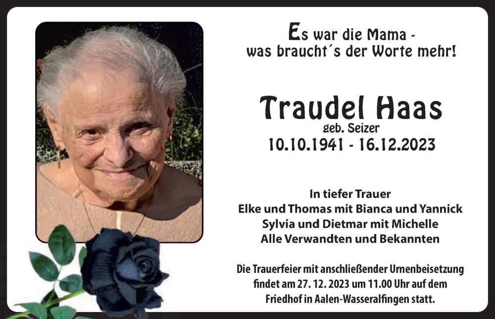  Traueranzeige für Traudel Haas vom 22.12.2023 aus Schwäbische Post
