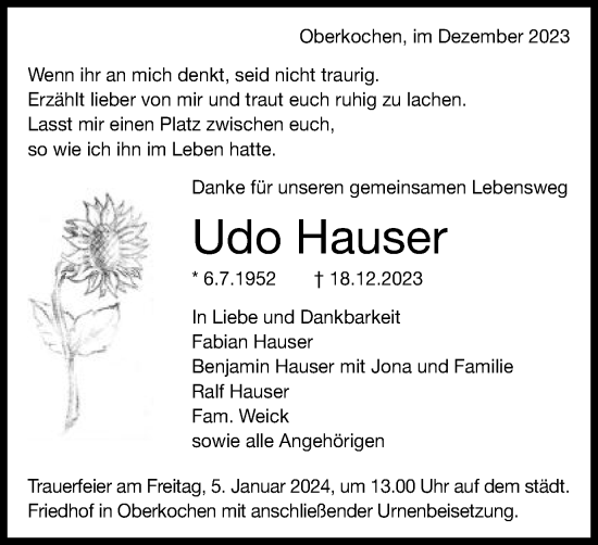 Traueranzeige von Udo Hauser von Schwäbische Post