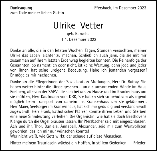 Traueranzeige von Ulrike Vetter von Gmünder Tagespost