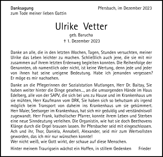 Traueranzeige von Ulrike Vetter