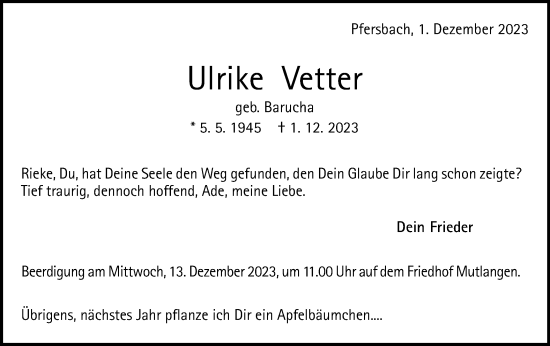 Traueranzeige von Ulrike Vetter von Gmünder Tagespost