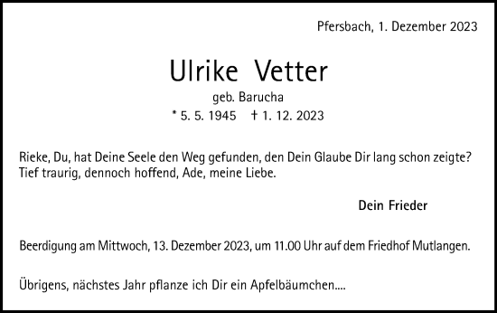 Traueranzeige von Ulrike Vetter