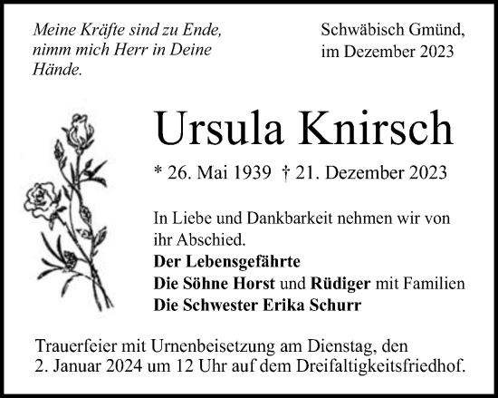 Traueranzeige von Ursula Knirsch von Gmünder Tagespost