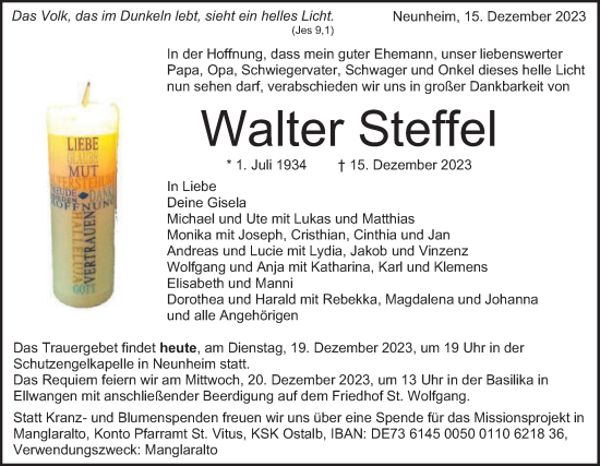 Traueranzeige von Walter Steffel von Schwäbische Post