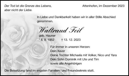 Traueranzeige von Waltraud Feil von Schwäbische Post