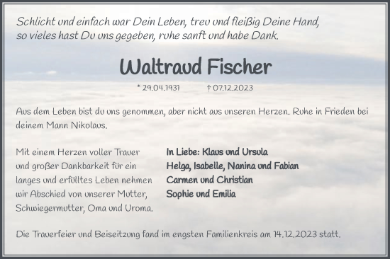 Traueranzeige von Waltraud Fischer von Gmünder Tagespost