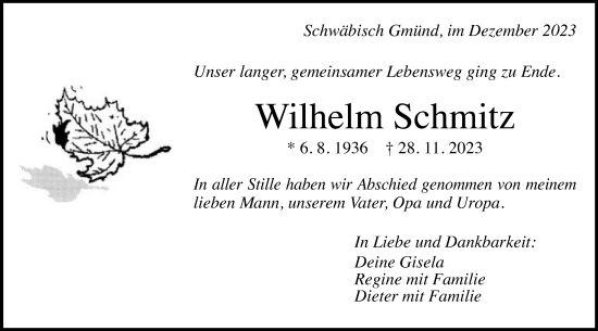 Traueranzeige von Wilhelm Schmitz von Gmünder Tagespost