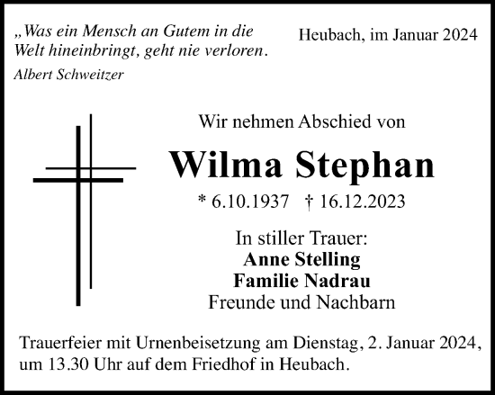 Traueranzeige von Wilma Stephan von Gmünder Tagespost