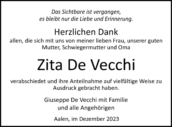 Traueranzeige von Zita De Vecchi von Schwäbische Post