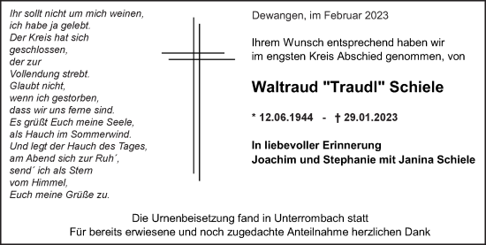 Traueranzeige von Waltraud  Schiele von Schwäbische Post