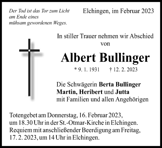 Traueranzeige von Albert Bullinger von Schwäbische Post
