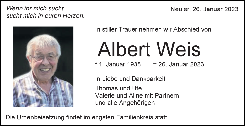  Traueranzeige für Albert Weis vom 01.02.2023 aus Schwäbische Post