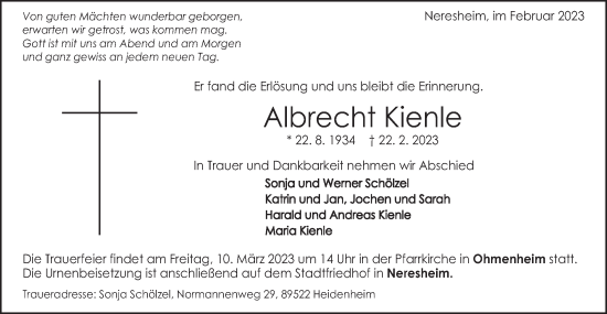 Traueranzeige von Albrecht Kienle von Schwäbische Post