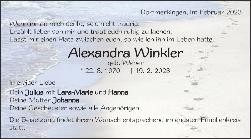  Traueranzeige für Alexandra Winkler vom 22.02.2023 aus Schwäbische Post
