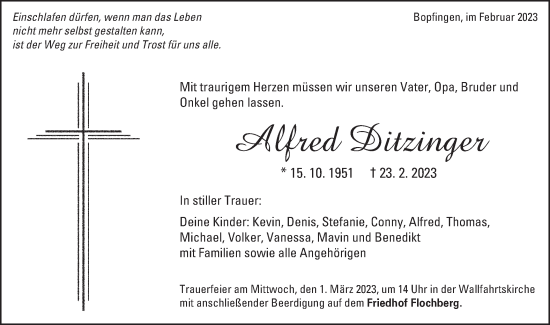 Traueranzeige von Alfred Ditzinger von Schwäbische Post