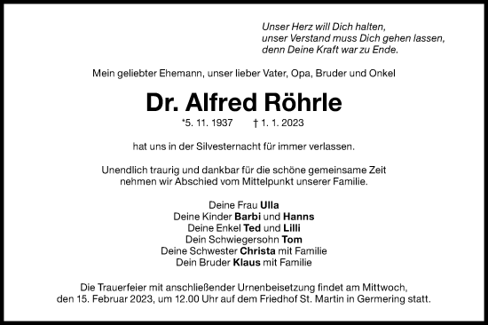 Traueranzeige von Alfred Röhrle von Gmünder Tagespost
