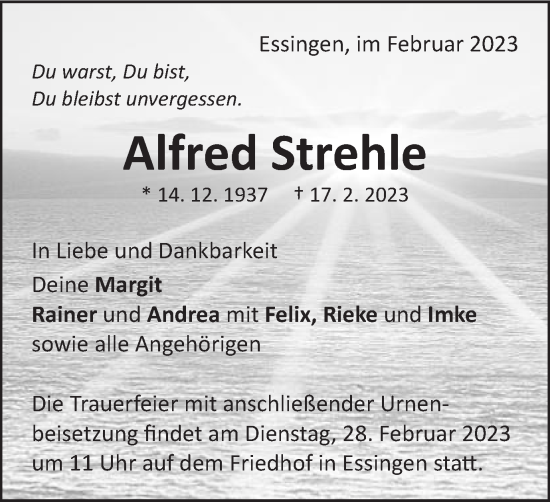 Traueranzeige von Alfred Strehle von Schwäbische Post