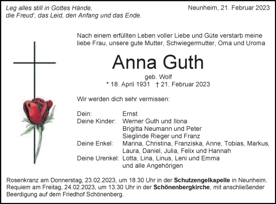 Traueranzeige von Anna Guth von Schwäbische Post