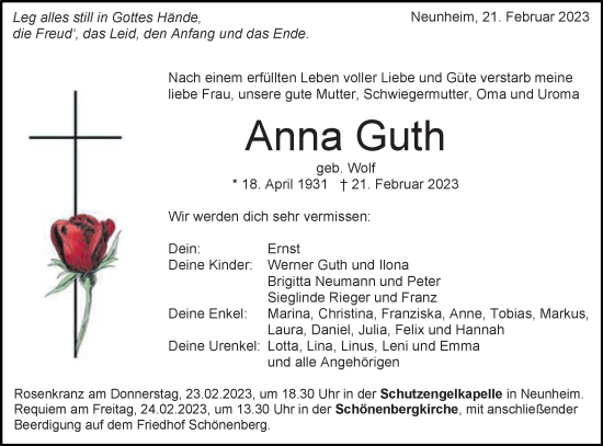 Traueranzeige von Anna Guth