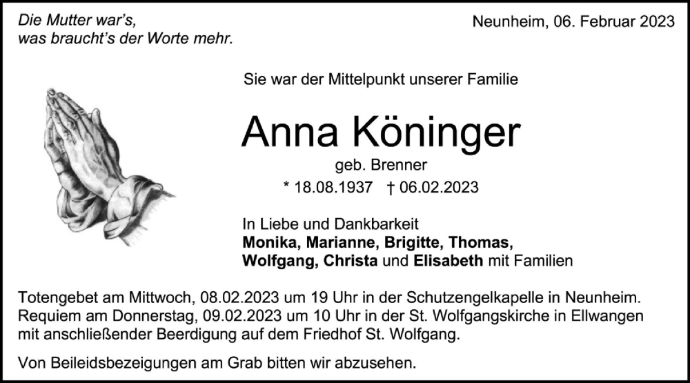  Traueranzeige für Anna Köninger vom 07.02.2023 aus Schwäbische Post