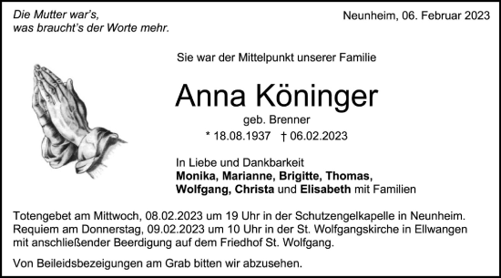 Traueranzeige von Anna Köninger