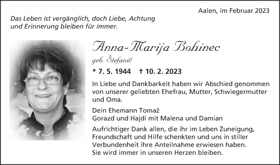 Traueranzeige von Anna-Marija Bohinec von Schwäbische Post