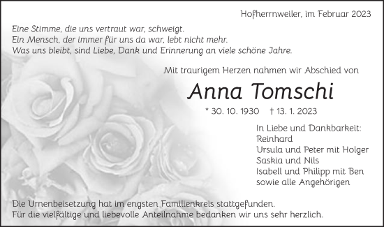 Traueranzeige von Anna Tomschi von Schwäbische Post