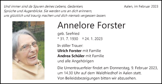 Traueranzeige von Annelore Forster von Schwäbische Post