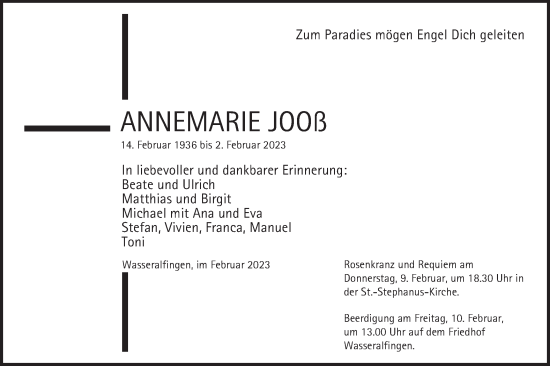 Traueranzeige von Annemarie Jooß von Schwäbische Post
