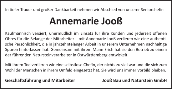 Traueranzeige von Annemarie Jooß von Schwäbische Post