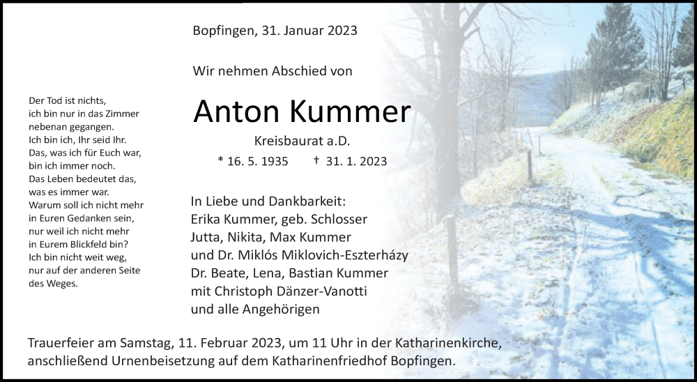  Traueranzeige für Anton Kummer vom 04.02.2023 aus Schwäbische Post