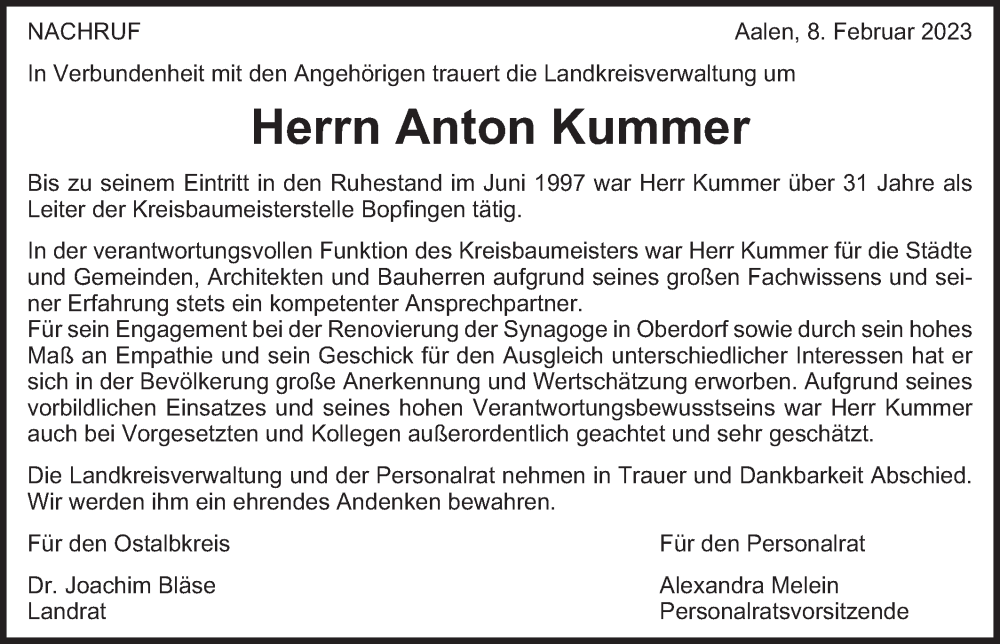  Traueranzeige für Anton Kummer vom 08.02.2023 aus Schwäbische Post