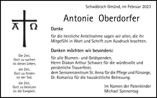 Traueranzeige von Antonie Oberdorfer von Gmünder Tagespost