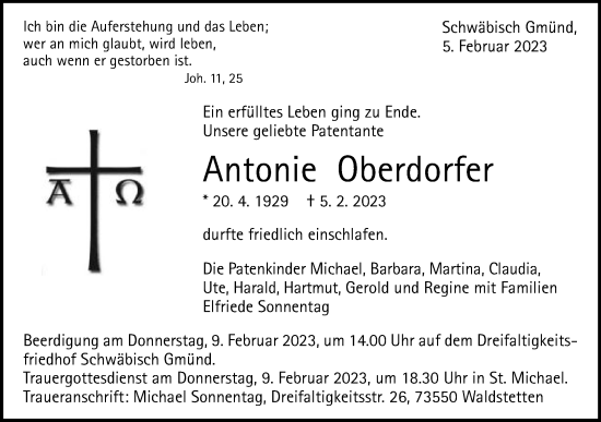 Traueranzeige von Antonie Oberdorfer von Gmünder Tagespost