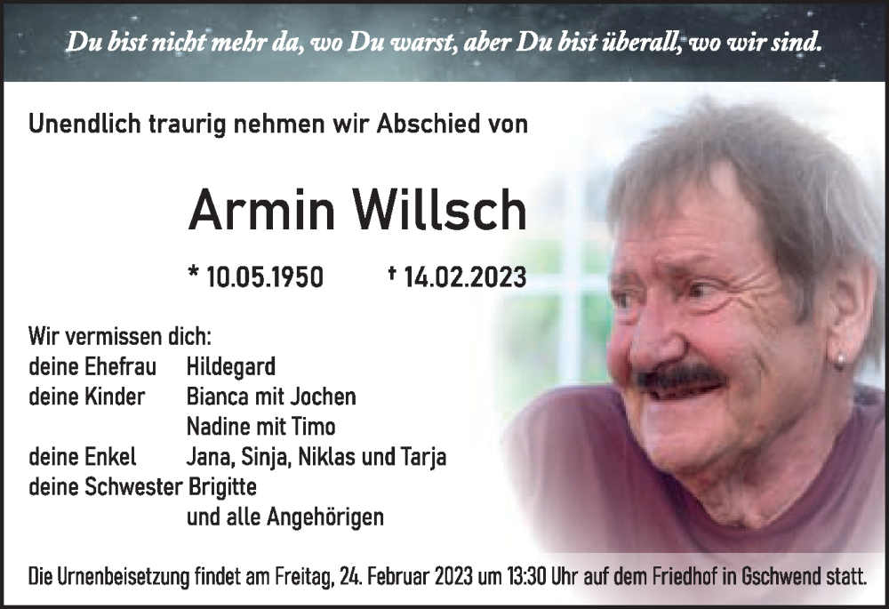  Traueranzeige für Armin Willsch vom 21.02.2023 aus Gmünder Tagespost