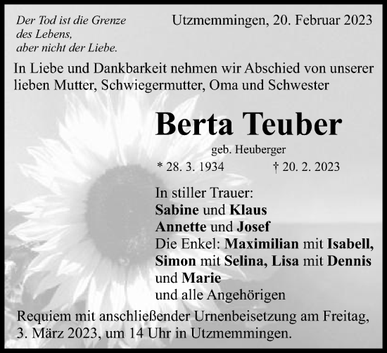 Traueranzeige von Berta Teuber von Schwäbische Post