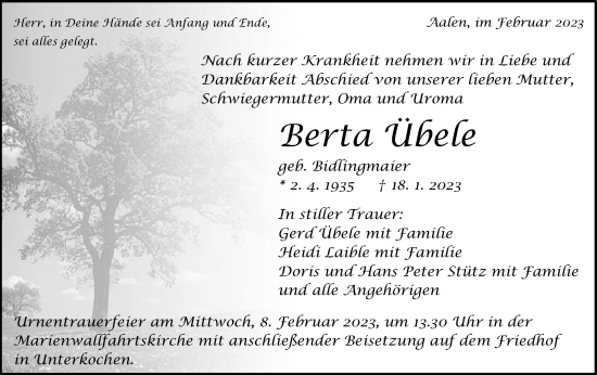 Traueranzeige von Berta Übele von Schwäbische Post