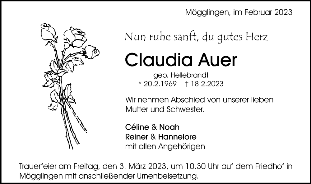  Traueranzeige für Claudia Auer vom 27.02.2023 aus Schwäbische Post