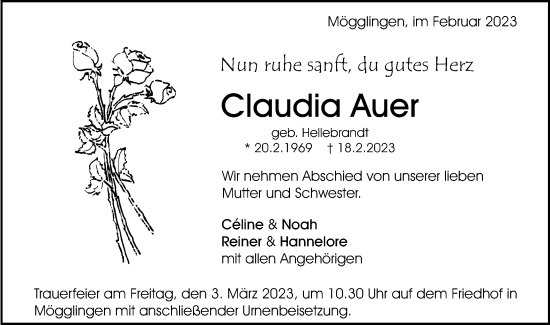 Traueranzeige von Claudia Auer von Schwäbische Post