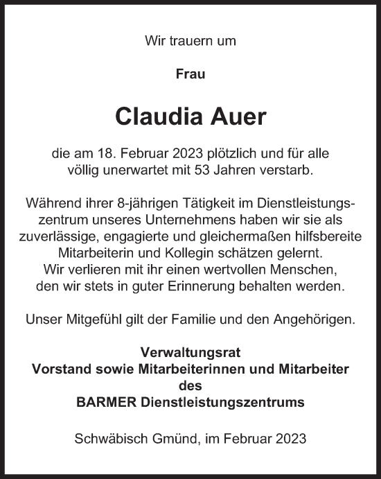 Traueranzeige von Claudia Auer von Gmünder Tagespost