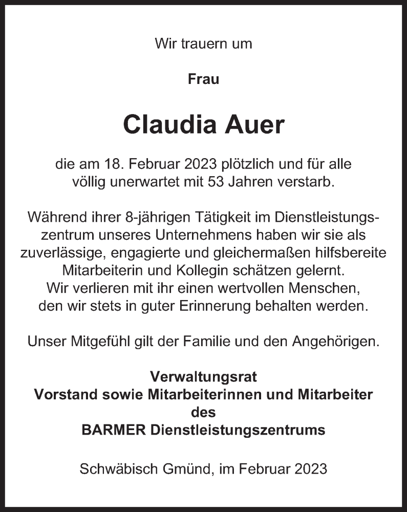  Traueranzeige für Claudia Auer vom 25.02.2023 aus Gmünder Tagespost
