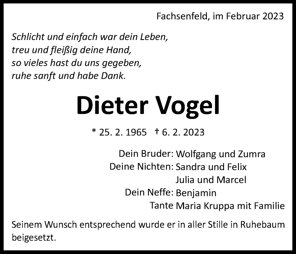  Traueranzeige für Dieter Vogel vom 18.02.2023 aus Schwäbische Post