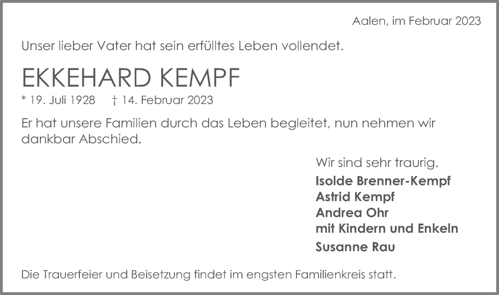 Traueranzeigen von Ekkehard Kempf OstalbTrauer